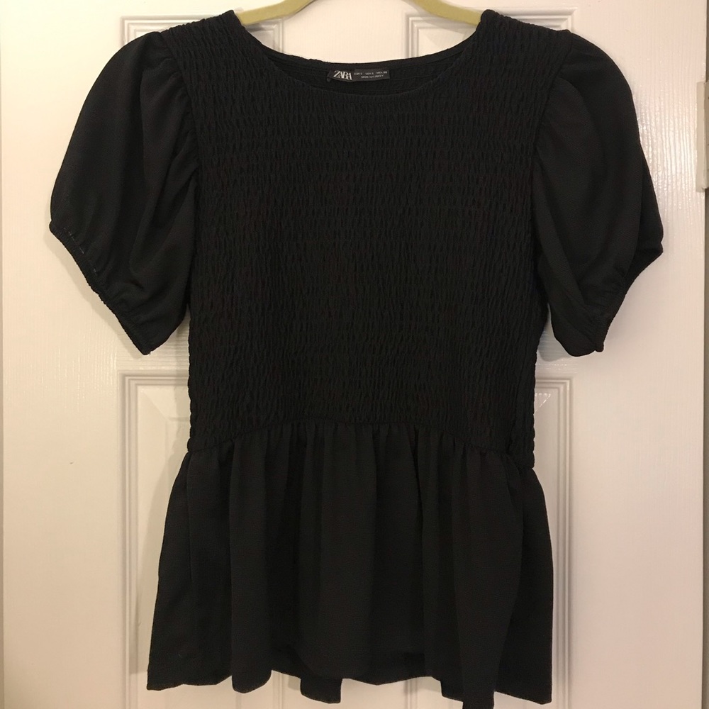 Black smocked puff sleeve top